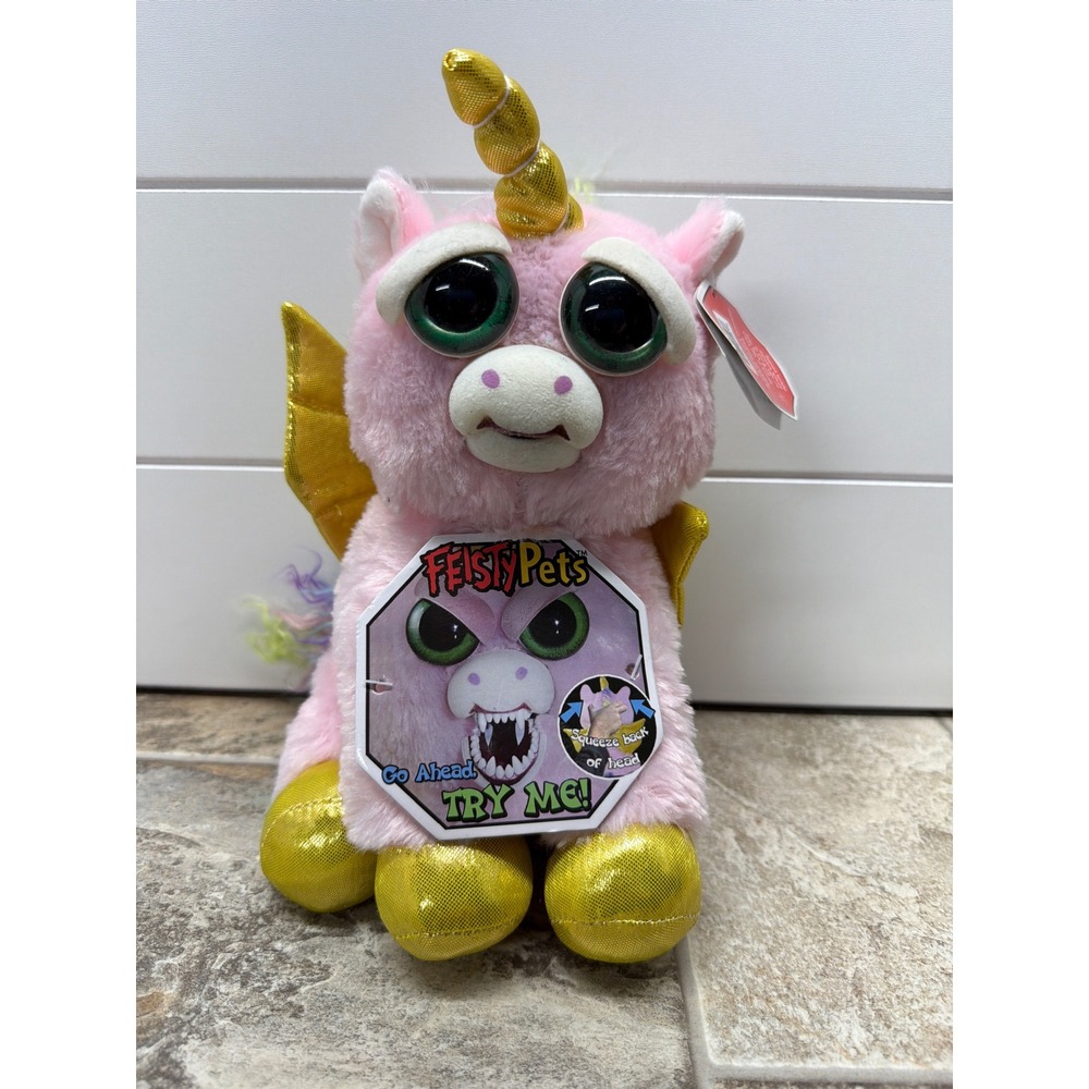Feisty Pets Glenda Glitterpoop Pegasus Unicorn Pink Gold Rainbow Plush Toy
